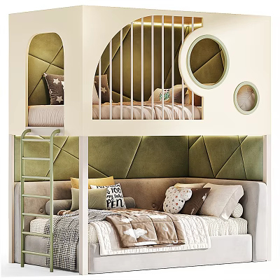 Stylish Green Bunk Bed With Ladder And Decorative Pillows On Textured Wall 3d model