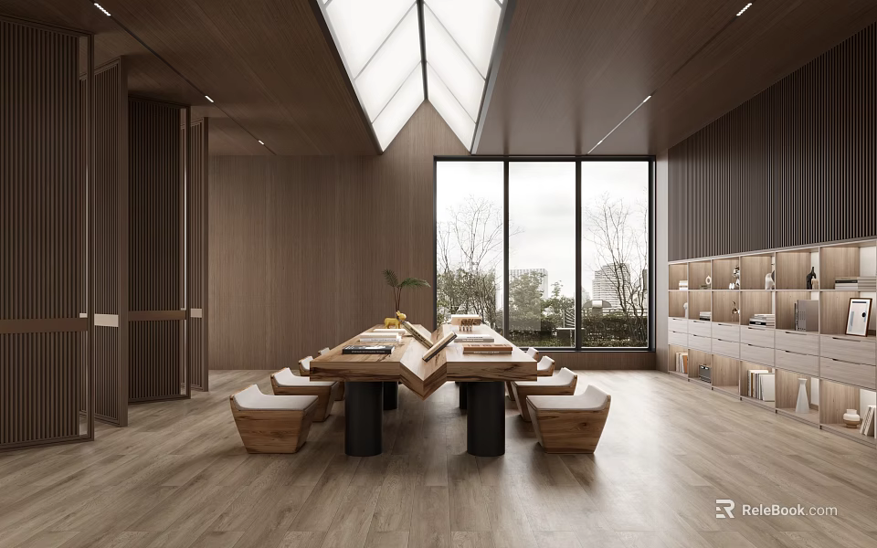 Modern Wooden Lounge Area Interior With Long Table Benches Large Windows And Natural Light 3d model 