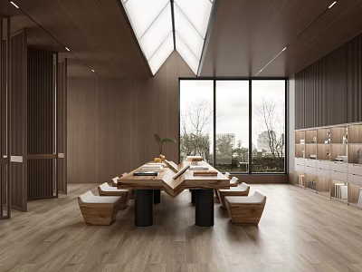 Modern Wooden Lounge Area Interior With Long Table Benches Large Windows And Natural Light 3d model