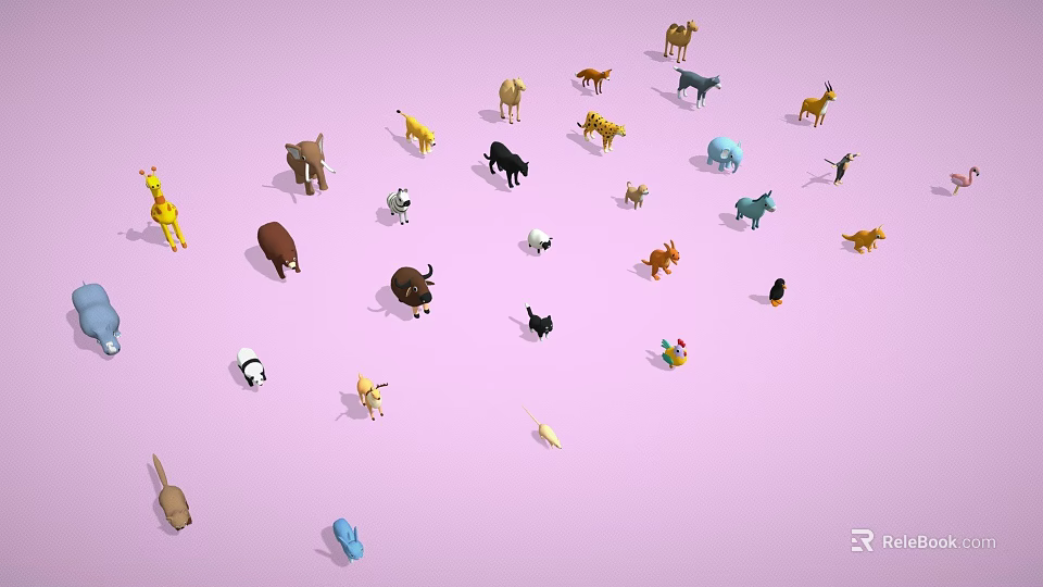 Colorful Various Animal Characters From Games And Movies On Pink Background 3d model 