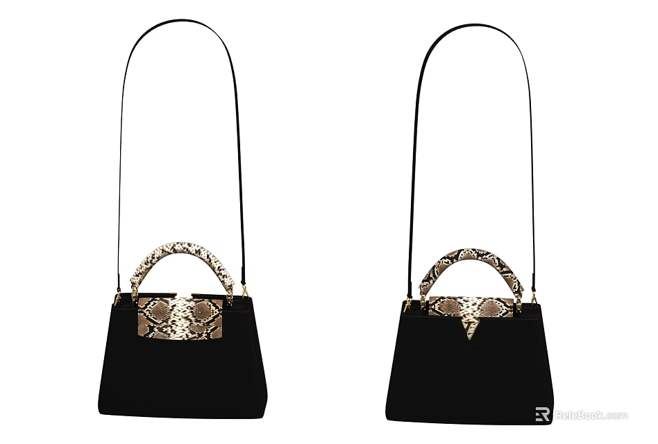 Stylish Black Bags With Gold Accent Snake Pattern Handle And Long Shoulder Strap 3d model 