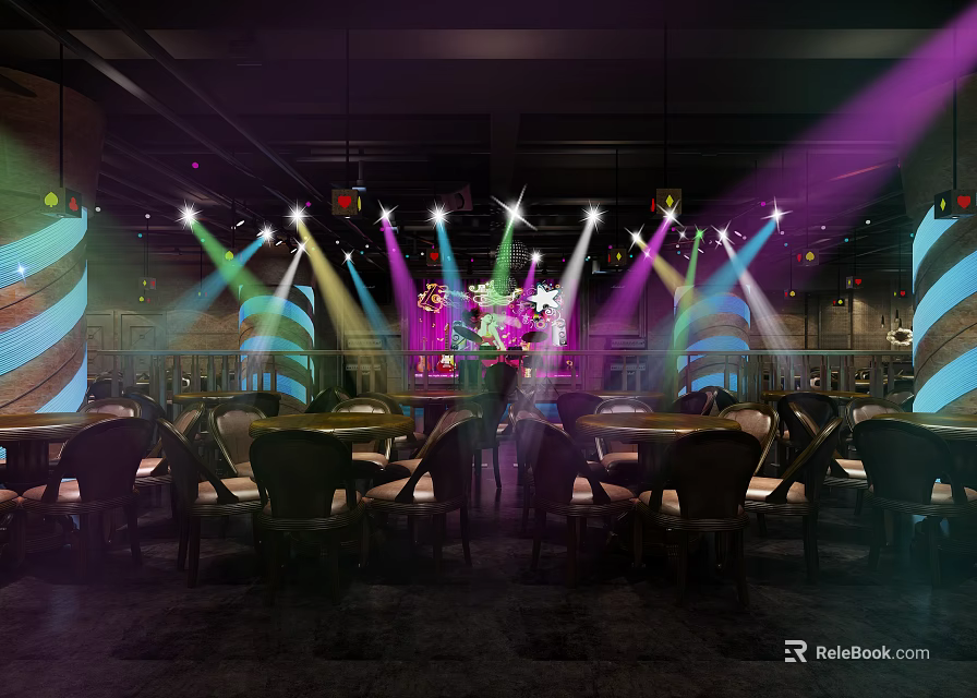 Modern Bar Interior With Colorful Stage Lights Tables And Comfortable Chairs 3d model 