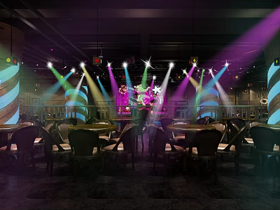Modern Bar Interior With Colorful Stage Lights Tables And Comfortable Chairs 3d model
