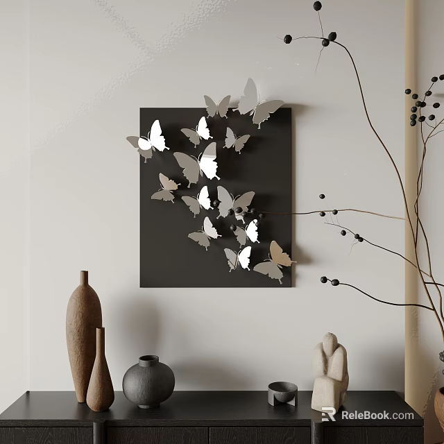 Modern 3D Butterfly Wall Decor With Black Background And Silver White Design 3d model 