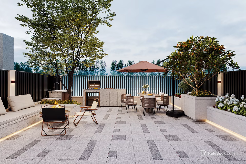 Serene Terrace Garden Design With Outdoor Furniture Shade Umbrella Barbecue Grill And Stone Tile Floor 3d model 