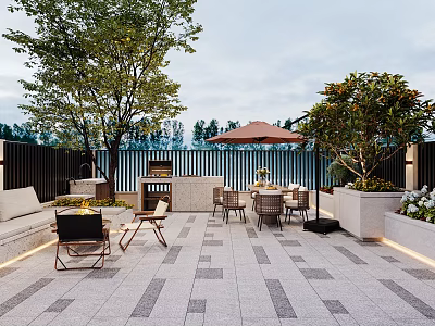 Serene Terrace Garden Design With Outdoor Furniture Shade Umbrella Barbecue Grill And Stone Tile Floor 3d model
