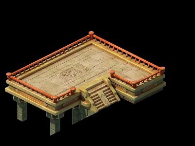 Ancient Platform Structure With Orange Railings Steps And Carved Patterns 3d model