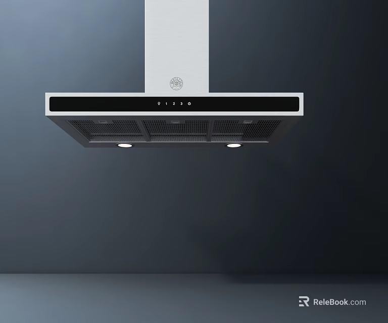 Sleek Stainless Steel Kitchen Range Hood With Black Panel And Built In Lights 3d model 