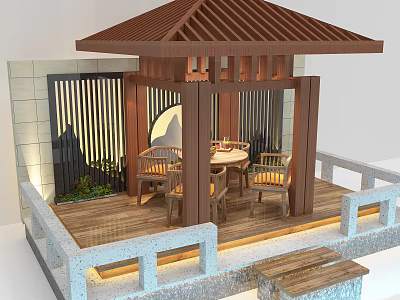 Traditional Chinese Wooden Pavilion With Sloped Roof Table Chairs And Stone Balustrade 3d model