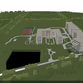 Modern School Building Exterior With Glass Facade Arched Entrance And Green Lawn Pathway