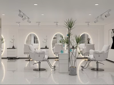 Modern Beauty Salon Interior With White Chairs Round Mirrors And Plants 3d model