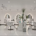 Modern Beauty Salon Interior With White Chairs Round Mirrors And Plants