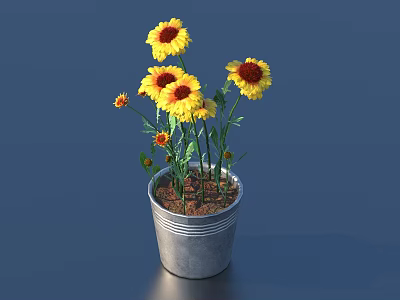 Potted Plant in Silver Metal Pot with Yellow and Red Blooming Flowers 3d model