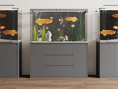 Three Aquariums With Yellow Fish Aquatic Plants Stones And Grey Cabinets 3d model Three Aquariums With Yellow Fish Aquatic Plants Stones And Grey Cabinets 3d model