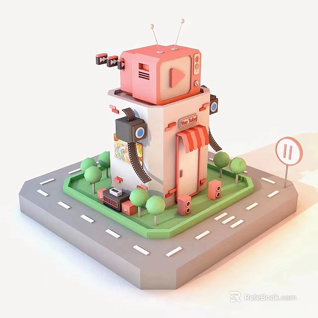 Cute 3D Model Building With Pink Top Red Awning Green Grass Small Trees And Road 3d model 