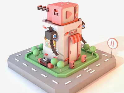 Cute 3D Model Building With Pink Top Red Awning Green Grass Small Trees And Road 3d model