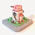 Cute 3D Model Building With Pink Top Red Awning Green Grass Small Trees And Road