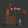 Octopus Ball Street Food Stall With Wooden Structure Red Signboard Lanterns Orange Stools And Blue Wheels