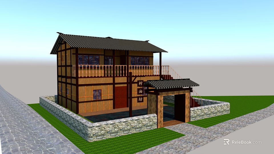 Ancient Traditional Architecture Featuring Wooden Structure Tile Roof Stone Wall And Courtyard 3d model 