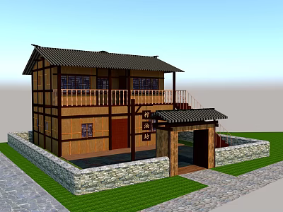 Ancient Traditional Architecture Featuring Wooden Structure Tile Roof Stone Wall And Courtyard 3d model