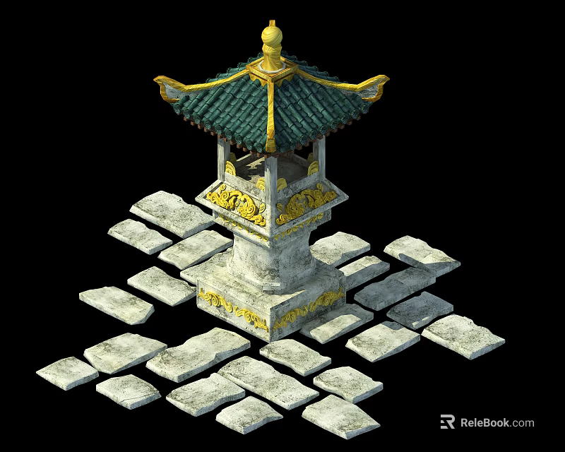 Chinese Style Outdoor Lamp with Green Roof Golden Decoration Stone Base and Stone Paving 3d model 