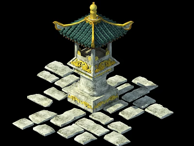 Chinese Style Outdoor Lamp with Green Roof Golden Decoration Stone Base and Stone Paving 3d model