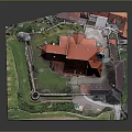 Castle Style Architectural Model Featuring Red Roof Tower Surrounding Structures Green Grass and Gray Base
