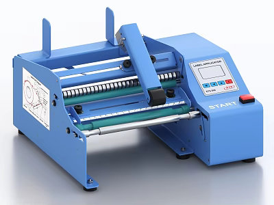 Blue Automatic Label Dispensing Machine With Digital Control Panel Green Rollers And Start Button 3d model