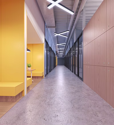 Modern Office Corridor Interior Design With Yellow Walls Wooden Lockers And Gray Floor 3d model