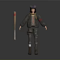 Woman In Worn Patched Jacket With Goggles Cap And Bloodstained Baseball Bat