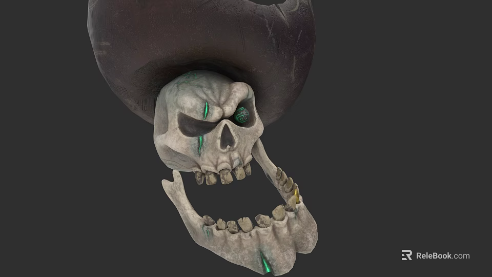 Intricate Skull Sculpture With Dark Hat And Green Accent Details 3d model 