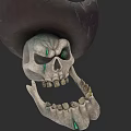 Intricate Skull Sculpture With Dark Hat And Green Accent Details