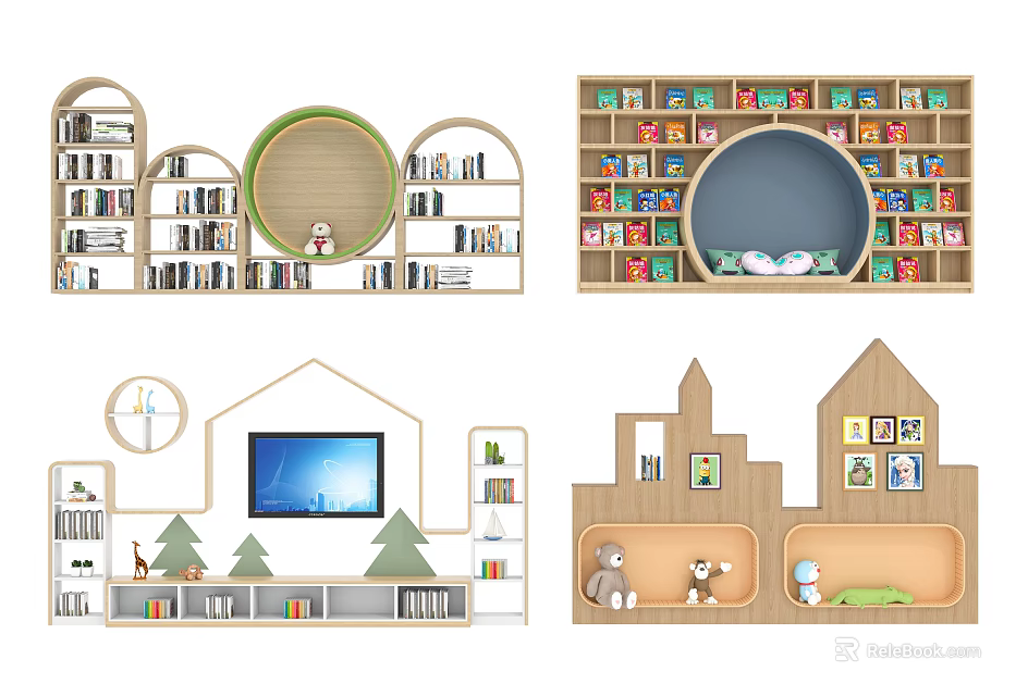 Creative Shaped Decorative Cabinet With Bookshelves Toys Plants And TV 3d model 