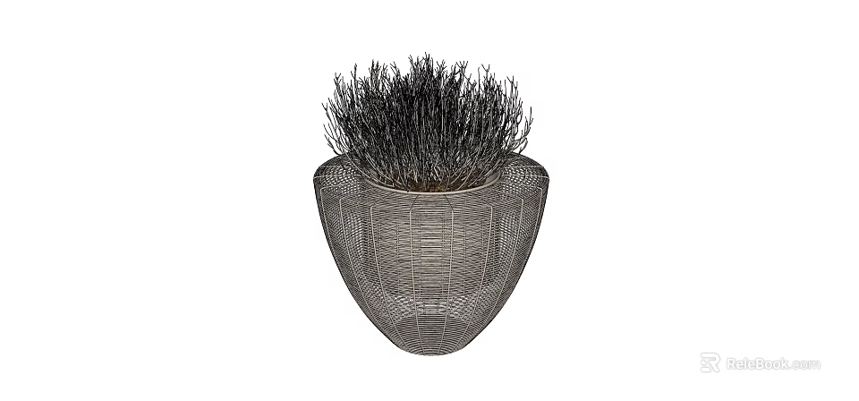 Bonsai Potted Plant with Woven Texture Pot and Slender Dried Grass 3d model 