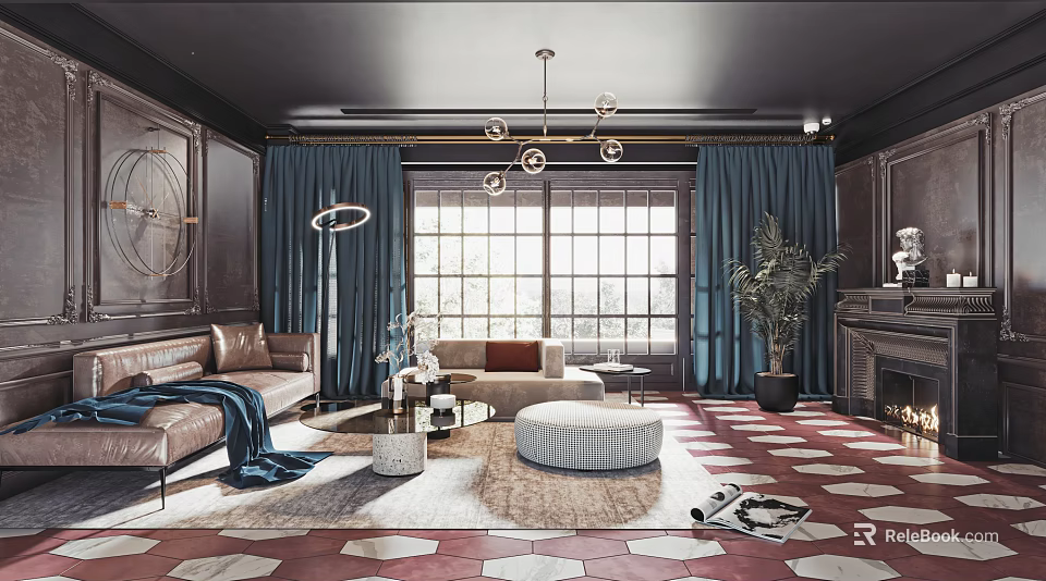 Elegant Living Room Interior With Dark Wooden Walls Blue Curtains And Geometric Floor Tiles 3d model 