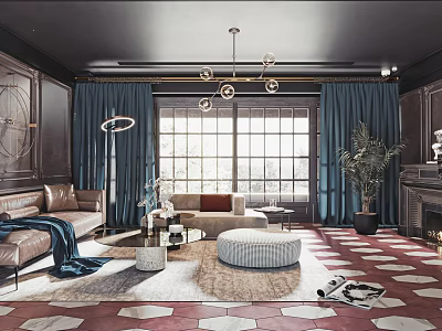 Elegant Living Room Interior With Dark Wooden Walls Blue Curtains And Geometric Floor Tiles 3d model