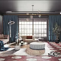 Elegant Living Room Interior With Dark Wooden Walls Blue Curtains And Geometric Floor Tiles