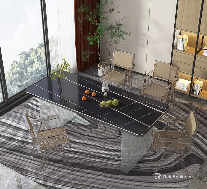Contemporary Tea Table And Chairs Setup By Large Windows With Green Plants And Area Rug 3d model 