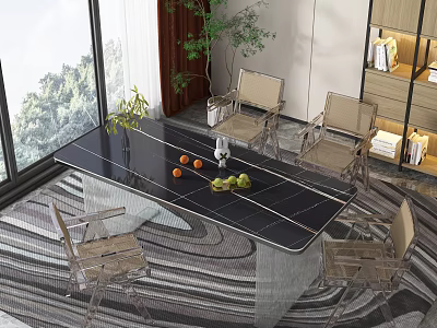 Contemporary Tea Table And Chairs Setup By Large Windows With Green Plants And Area Rug 3d model