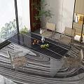 Contemporary Tea Table And Chairs Setup By Large Windows With Green Plants And Area Rug