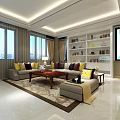 Bright Spacious Modern Living Room With Comfortable Sofa Sets Wooden Coffee Table And Display Shelves