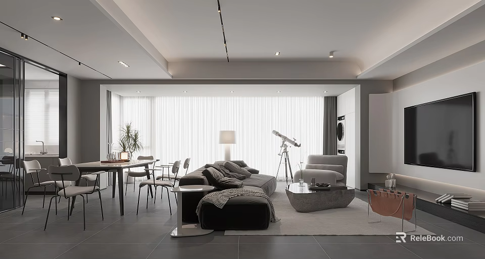 Modern Living and Dining Interior Design With Floor-to-Ceiling Curtains Sofa Dining Table And Decorative Telescope 3d model 