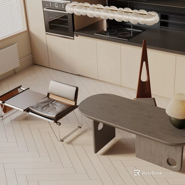 Modern Dining Table Set With Leather Chairs Sculpture And Table Lamp On Light Wooden Floor 3d model 