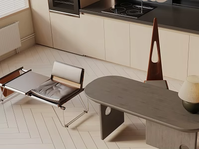 Modern Dining Table Set With Leather Chairs Sculpture And Table Lamp On Light Wooden Floor 3d model