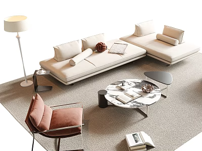 Beige L Shaped Sofa And Round Marble Coffee Table Set With Floor Lamp Grey Rug 3d model