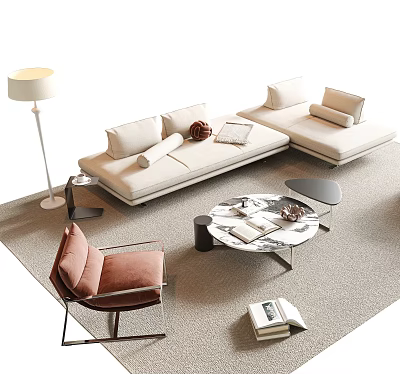 Beige L Shaped Sofa And Round Marble Coffee Table Set With Floor Lamp Grey Rug 3d model
