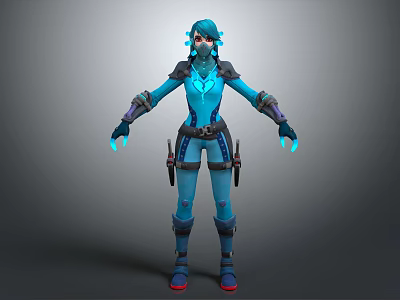 Fantasy 3D Character With Blue Armor Glowing Hands Mask And Dual Weapons 3d model