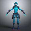 Fantasy 3D Character With Blue Armor Glowing Hands Mask And Dual Weapons