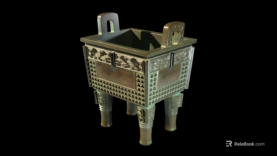 Antique Bronze Furniture With Square Body Intricate Carvings And Four Legs 3d model 