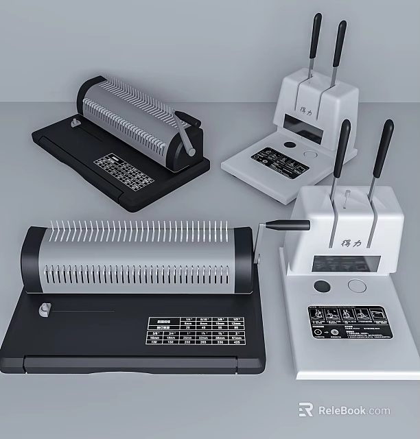 Black And White Binding Machines With Various Styles And Coil Punching Mechanisms 3d model 